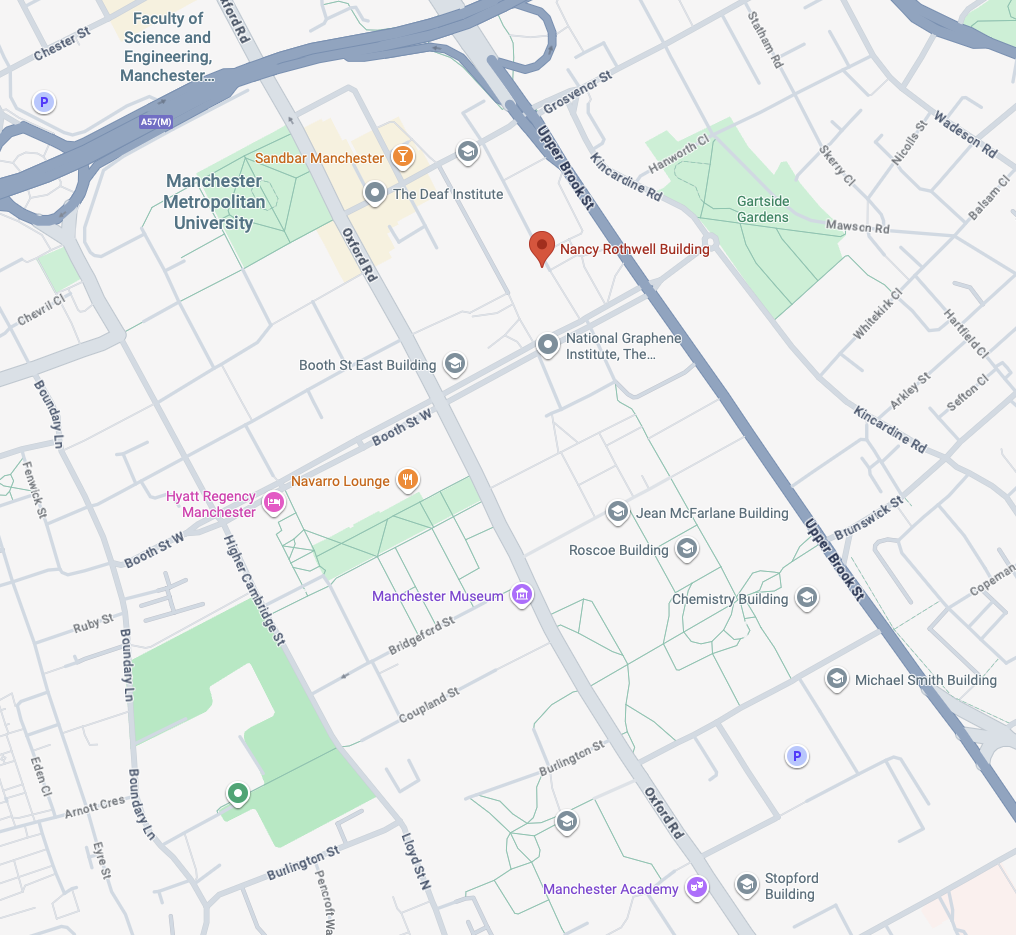 A map of the area around the Nancy Rothwell Building in Manchester.